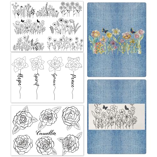 Rngmsi Water Soluble Embroidery Patterns - 3 Sheets Flower Stick and Stitch Embroidery Designs, Floral Camellia Theme Wash Away Transfer Paper Stabilizers for Hand Sewing