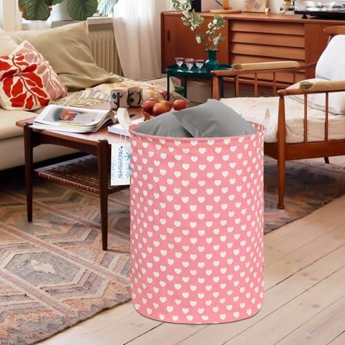 Image of Round Laundry Basket Collapsible Storage Hamper Organizer Pink Heart | Waterproof Canvas Foldable Baskets with sturdy Handles Multi-scene Organizer for Home Play Bedroom Gift Bin