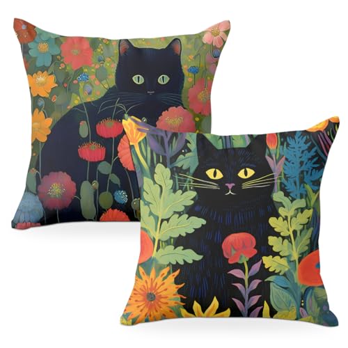 2Pcs Floral Cat Pillow Covers 18x18, Cats Lovers Lady Gifts, Cat Mom Gifts