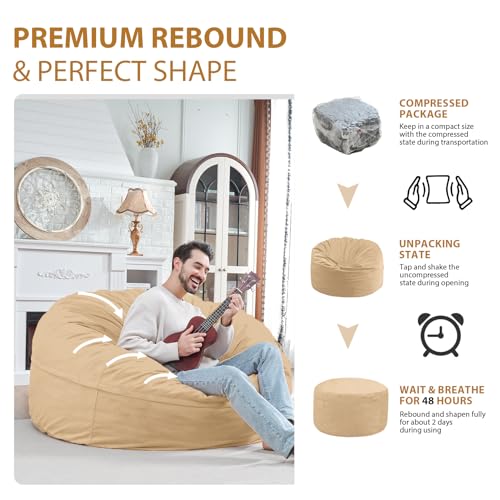 5FT Bean Bag Chair, Large Bean Bag Chairs with Memory Foam Filled, Fluffy Beanbag Sofa with Dutch Velvet Cover, Round BeanBag Chairs for Living Room, Playroom - Khaki