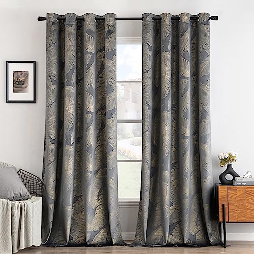 MIULEE Lot de 2 rideaux occultants en velours avec œillets avec motif de feuilles dorées, pour...