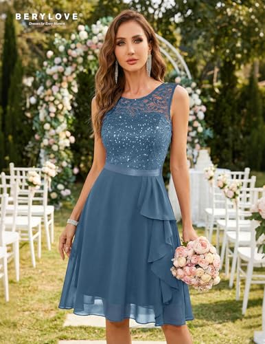 Image of BeryLove Womens Boat Neck A Line Sleeveless Lace Formal Homecoming Dress | Short Dress With Ruffle Hem, Sparkly Design Ideal For Wedding Guest,Bridesmaid Cocktail Prom & Evening Party Events