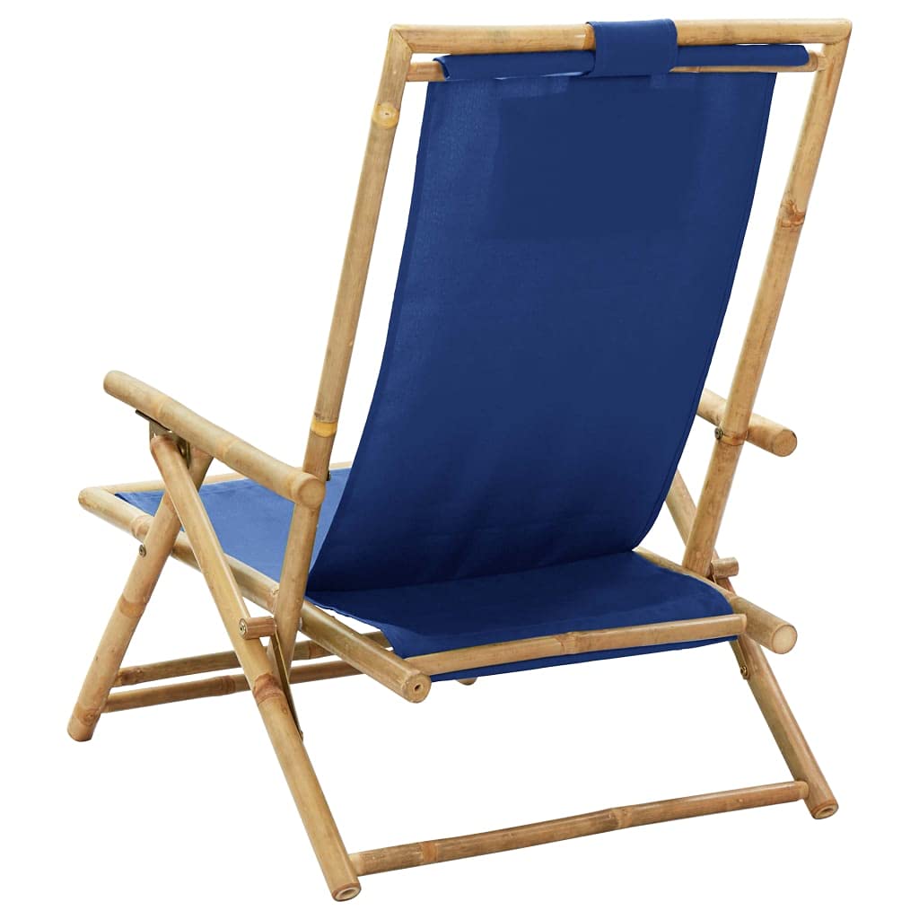 Makastle Fauteuil de Jardin Pliable avec Accoudoirs et Dossier inclinable, Chaise Longue de Jardin Pliante, Relaxation Chaise de Camping Chaise de Plage, 64 x 89 x 71 cm Bleu Marine Bambou et Tissu
