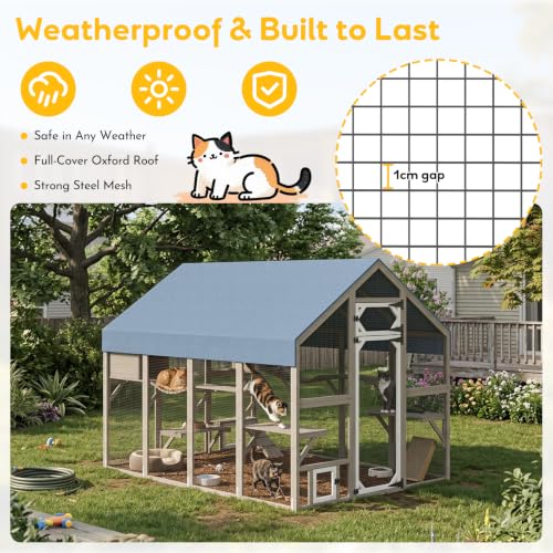 Image of Extra Large Catio Outdoor Cat Enclosure Waterproof, Walk-in Outdoor Pet House for Multiple Cats, Catio Cat Run Cage with Bridges, Weatherproof Full Cover, 8 Platforms, 2 Resting Box