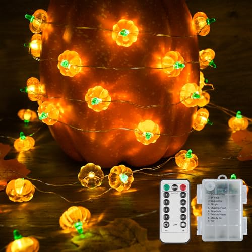 suddus 3D Pumpkin String Lights, 12.8ft 40 LED Fall Fairy Lights Battery Operated with Remote& 8 Modes & Timer, Waterproof Orange Lights for Indoor Outdoor Home, Party, Harvest Thanksgiving Décor