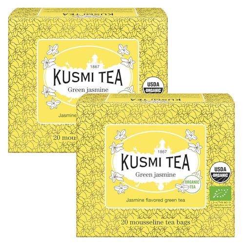 Kusmi Tea - Juego de 2 Cajas de Té Verde Jazmín 100% Orgánico - Mezcla Con Jazmín - Disfrutar Caliente o Con Hielo - 2x20 Bolsas