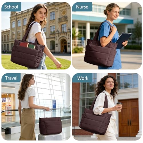 Image of Puffer Tote Bag for Women Quilted Nurse Bag Lightweight Work Bag for Teacher Travel Handbag with Multiple Pockets