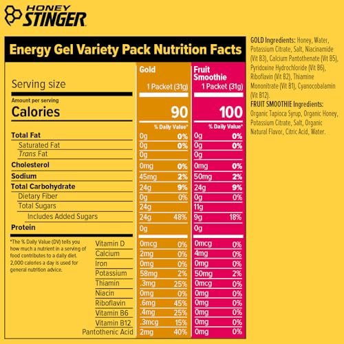 Image of Honey Stinger Energy Gel Variety Pack of 24, 12 Packs Each of Gold and Organic Fruit Smoothie, Gluten Free & Caffeine Free, Sports Nutrition for Home & Gym, Pre and Mid Workout