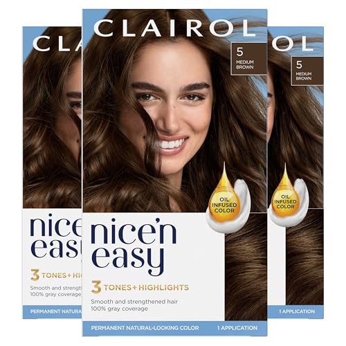 Clairol Nice’n Easy Permanent Hair Dye, 5 Medium Brown Hair Color, Pack of 3