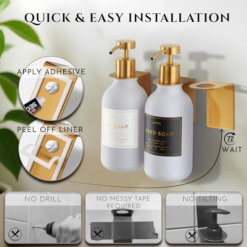 Shower Shampoo Dispenser Wall Mounted – 3 Refillable 16.9 oz White Bottles with Stainless Steel Pumps & No-Drill Adhesive Holders – Soap Dispenser Set for Bathroom (3 X White/Gold) by LUSSPA - Image 2
