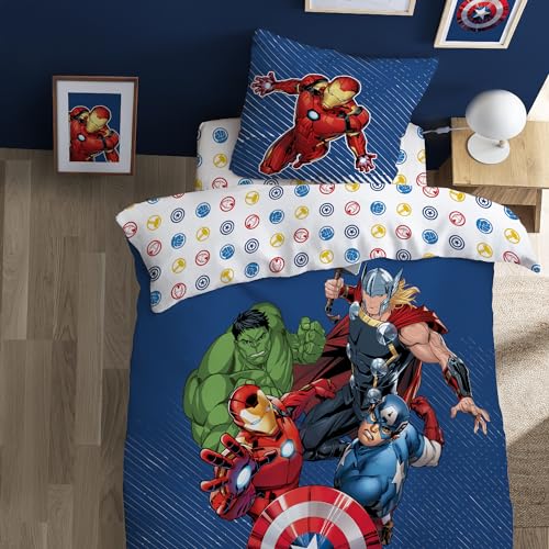 OMYDREAM Avengers Home Parure de lit imprimée Team | 100% Coton | Oeko-TEX | Housse de Couette 1 Personne garçon 140x200 cm + Taie d'oreiller 63x63 cm | Bleu