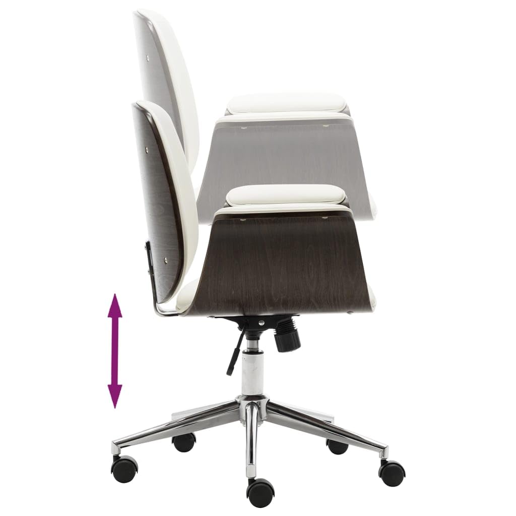 Białe krzesło biurowe z zakrzywioną ramą drewnianą i obiciem ze sztucznej skóry, z regulacją wysokości, 5 kółek, ergonomiczny komfort, idealne do domowego biura, salonu lub biura