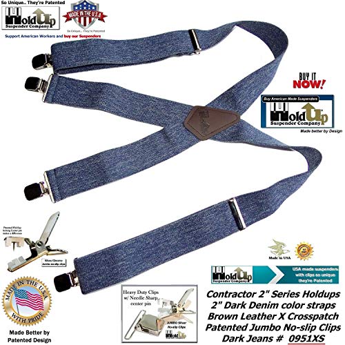 Holdup Contractor Series Dark Jeans Xs 2" Wide X-Back Work Suspenders With Usa Patented No-Slip Clips #TOP3