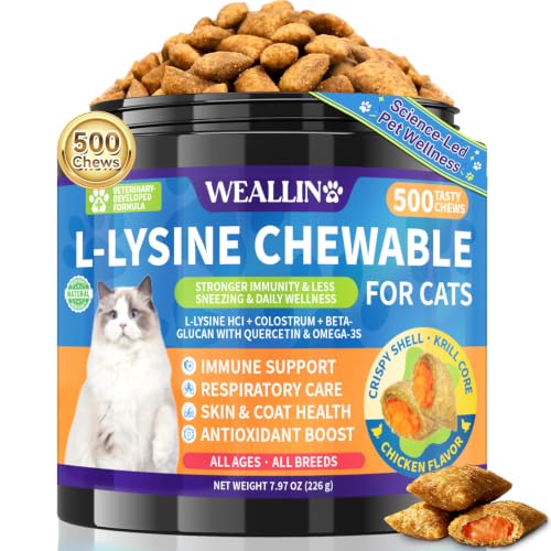 L-Lysine Chews for Cats 500 Chews Immune & Respiratory Support Crunchy Shell with Krill Core with Colostrum & Omega-3s for Sneezing and Runny Nose Chicken Flavor for All Ages & Breeds Cats