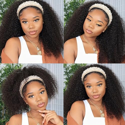 Image of Kinky Curly Headband Wigs Curly Headband Wig Human Hair for Black Women 150% Density Headband Wig Human Hair Glueless None Lace Front Wigs Headband Half Wigs Natural Color 20Inch