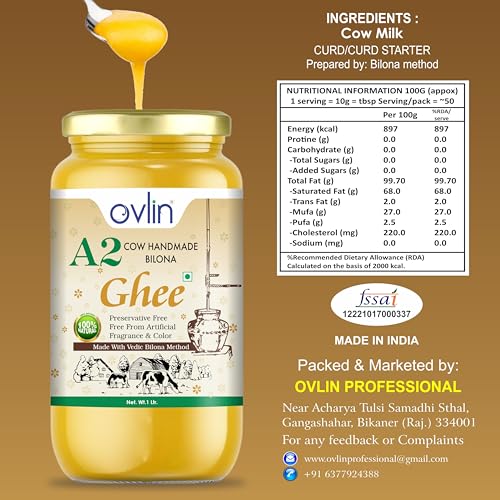 Image of Ovlin A2 Desi Cow Ghee | Handmade Bilona Method Ghee | Pure Desi Cow Milk | Traditional Vedic Bilona Process | 100% Natural, Preservative Free | Rich in Vitamins A, D, E & K | Pure A2 Bilona Cow Ghee for Cooking & Daily Nutrition (1000 ml )