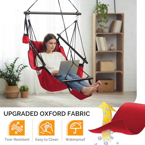 Image of ONCLOUD Hammock Chair Hanging Swing Seat Air Deluxe Rope Through Beech Wood Bars, Drink Holder & Fuller Pillow Safer Relax for Indoor Outdoor 250Lbs, Red