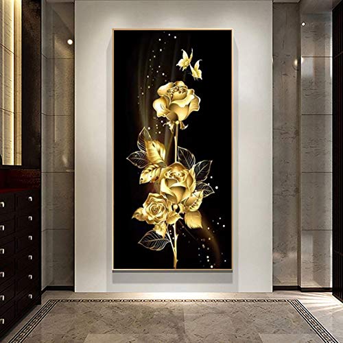 Affiche murale moderne or rose fleur papillon 50x100 cm pour salon