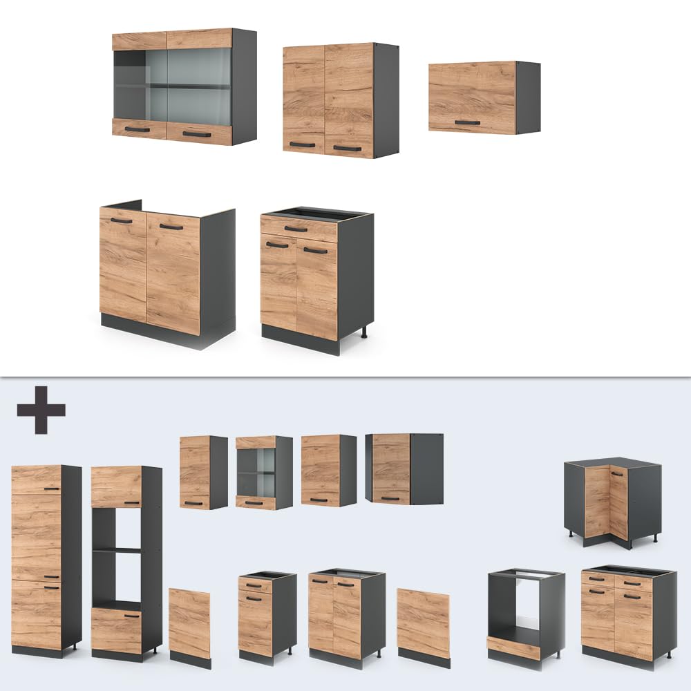Vicco Mueble de Cocina R-Line, Oro Power Roble/Antracita, 200 cm ET Antracita, Apto para ampliación Individual con módulos adicionales