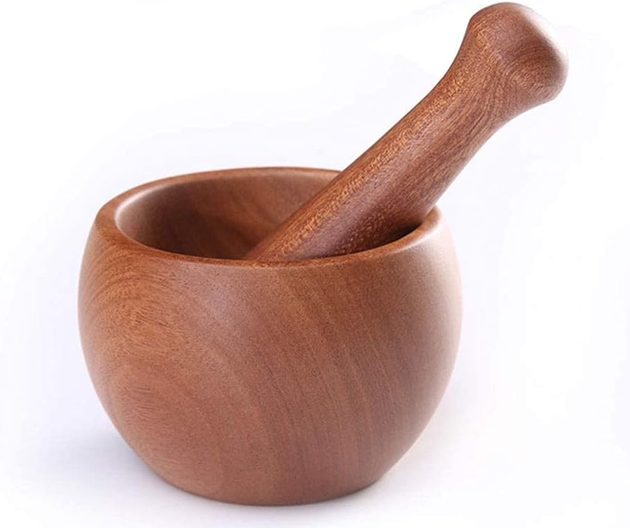 Wooden Mortar and Pestle Set for Kitchen Ingredients - Manual Grinder for Spices and Seasonings - 3.7" Diameter