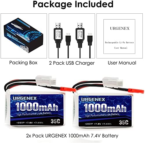 URGENEX 2S Lipo Battery 7.4v Lipo with JST Plug, RC Lipo Batteries 35C 1000mah Lipo Batteries for WLtoys Rc Cars A949 A959 A969 A979 K929