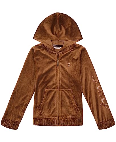 Juicy Couture Girls' Long Sleeve Plush Velour Full Zip Hoodie Sweatshirt with Front Pockets