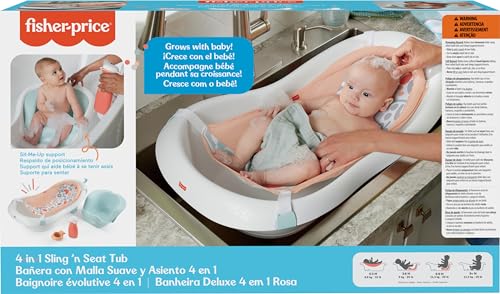 Image of Fisher-Price Baby to Toddler Bath 4-in-1 Sling 'n Seat Tub with Removable Infant Support and 2 Toys, Summer Blossoms