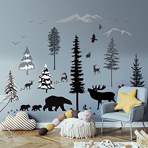 Woodland Nursery Decor Tree Wall Decals Mountain Forest Animal Bear Deer Wall Stickers Forest Wall Mural Sticker Removable Wall Decals For Kids' Room Bedroom Nursery Living Room #TOP21