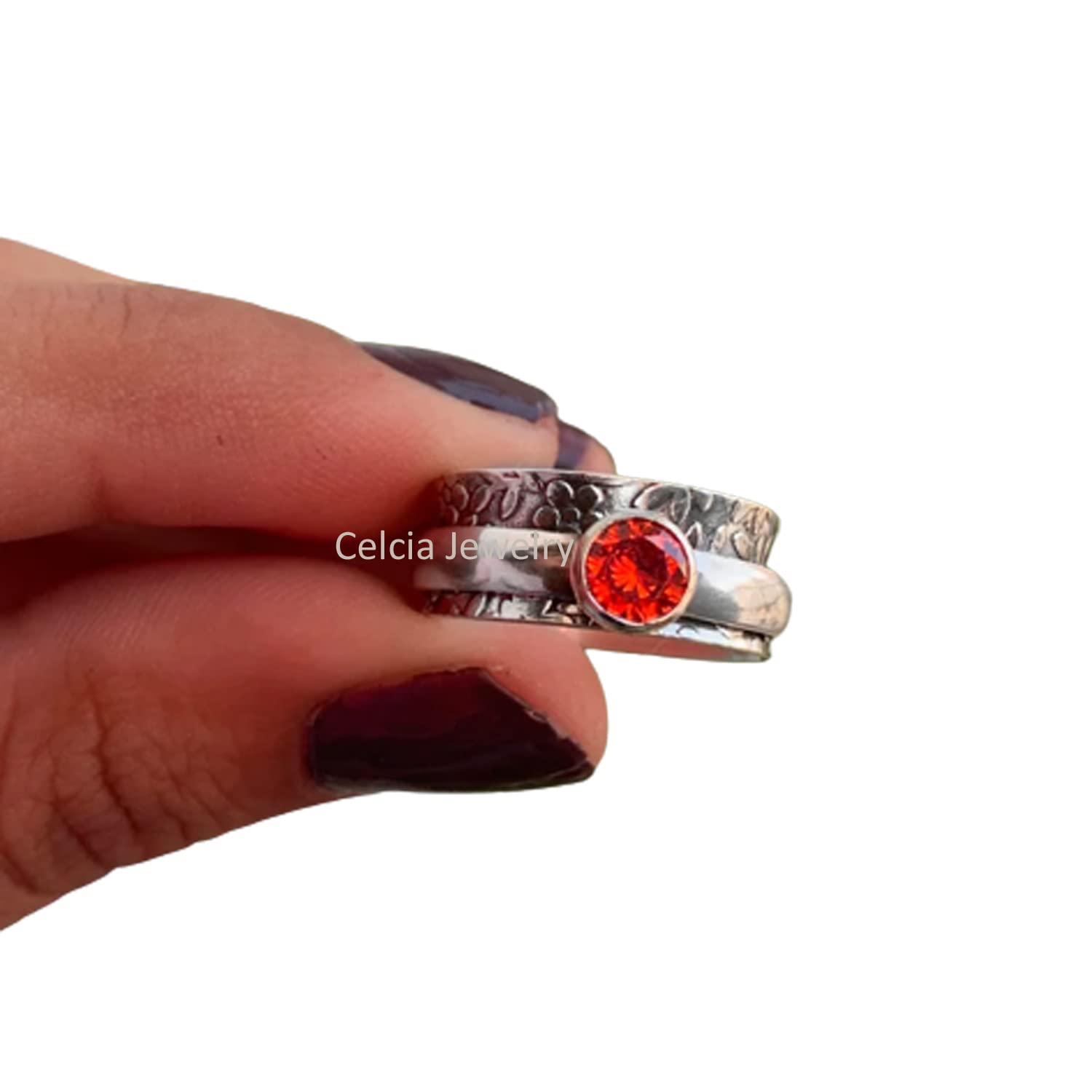 Anillo giratorio de plata con forma de flor y hojas de piedra preciosa de granate, hecho a mano, para meditación, ansiedad y ansiedad
