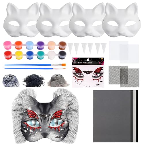 Trukafie Therian Mask Katzenmaske Furry Mask Tiermasken Therian Masken Set mit Blanko Katzenmaske Kunststoffnetzfolie Kuns Fell und Mesh Pinsel und Farben für Cosplay und Halloween Karneval