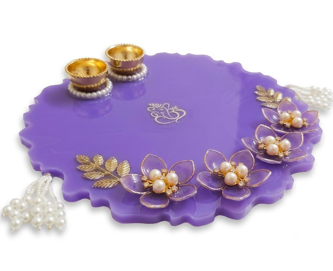 Premium Handcrafted Purple Resin Pooja Thali with Ganesha Motif | Decorative Aarti Plate with Kumkum Chawal Bowls, 3D Flowers & Pearl Tassels | Shagun & Engagement Ring Platter-image-37