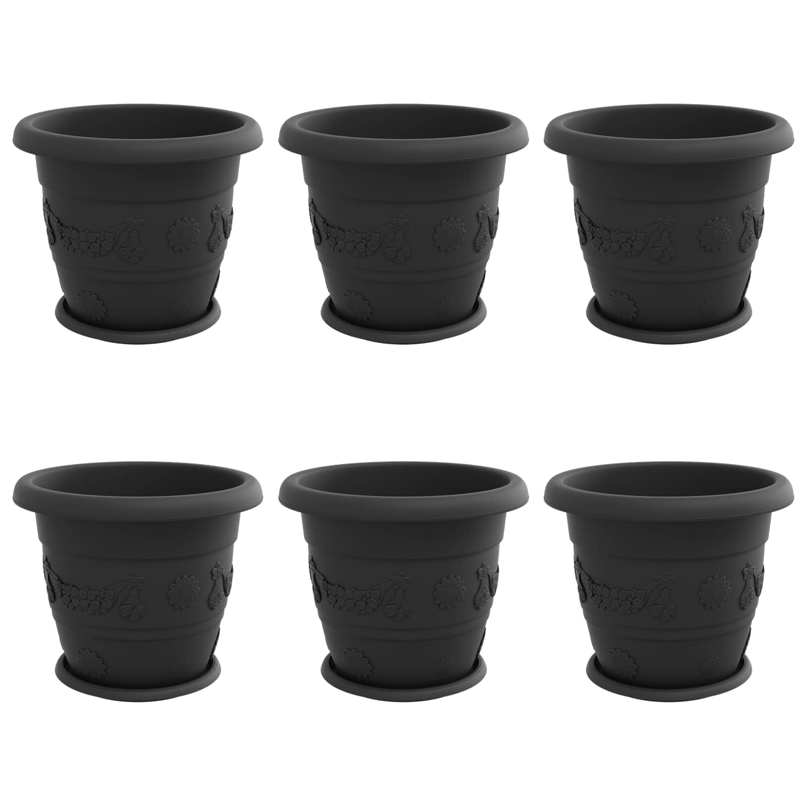 Doniczki 6 sztuk Czarny 34 x 28 cm Plastikowe Donice do Wnętrz i Ogrodu z Otworami Drenażowymi Nowoczesny Design Lekkie i Trwałe