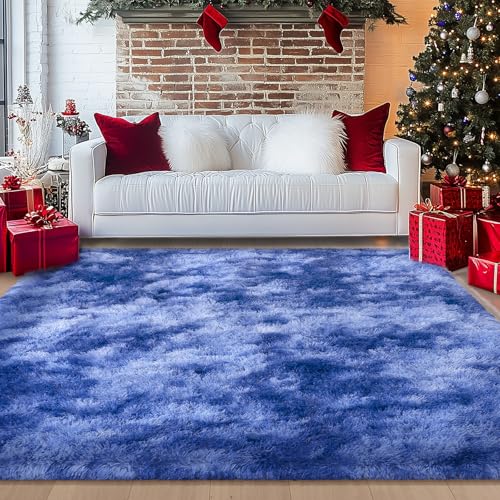 Living Room Rug 9x12, Soft Extra Large Tie Dye Blue Fluffy Shag Rug for Boys Bedroom, Non-Slip Modern Indoor Fuzzy Big Plush Rugs for Kids Room, Dorm, Home Decor