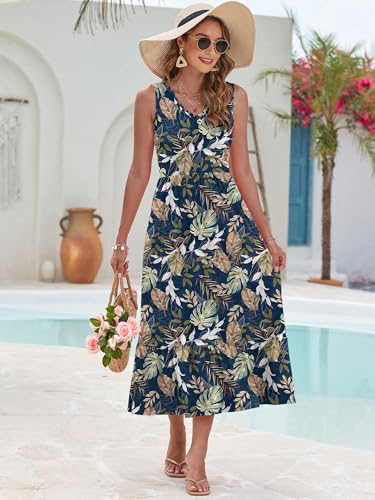 Image of AUSELILY Womens Summer Maxi Dress Casual Sleeveless V Neck Floral Dresses | A line shape with practical side pockets, Vacation dress for resort walks, Pair with low heels and simple jewelry