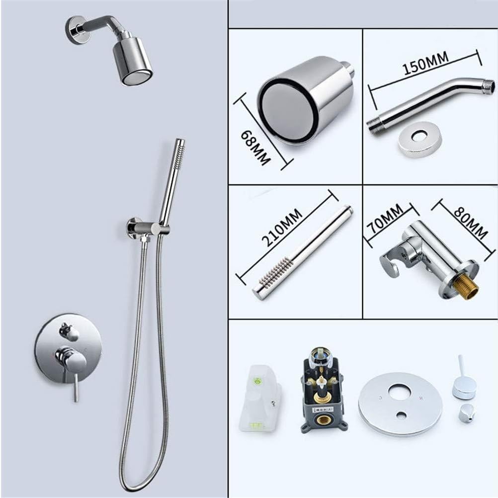 Sistema doccia a parete con soffione a pioggia, corpo in ottone e miscelatore antigoccia, set di installazione completo per bagno