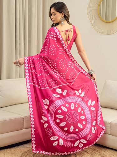 Image of AKHILAM Women's Bandhani Printed Chiffon Ready To Wear Saree With Unstitched Blouse Piece