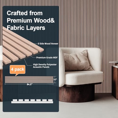 Image of NeatiEase Wood Panels for Wall, 4-Piece 94.5 inch x 11 inch Soundproof Wood Slat Wall Panel for Interior Wall Decor Noise Cancelling, Acoustic Wall Panels, Sound Absorbing Panel (Rustic Oak)