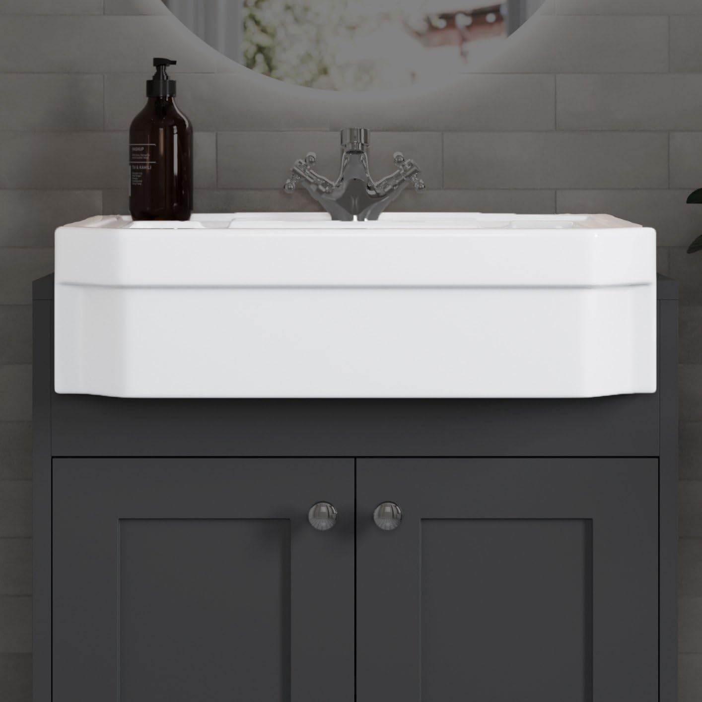 BAYSTONE® 600mm Semi-Recessed Basin for Bathroom Vanity Unit 1 Tap Hole & Overflow Wash Basins Sink Ceramic, Traditional White