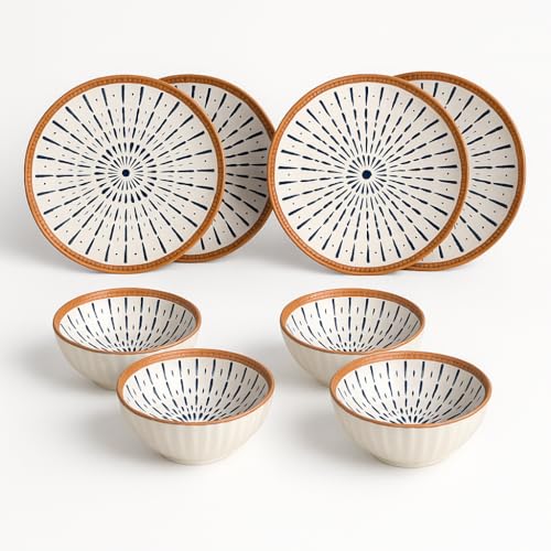 Image of YELONA Japanese Ceramic Dinnerware Set of 8 - (4 Bowls + 4 Plates) | Droplet Design | 300ml Bowls (11.5cm), 8-Inch Plates (20.5cm) | Microwave & Dishwasher Safe | Elegant Blue & Orange Glazed Finish