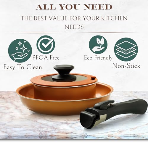 Image of Moss & Stone Copper Pots And Pans Set Nonstick, Removable Handle Cookware, Stackable Pots And Pans Set, Dishwasher safe, Induction Pots And Pans, Camping Cookware Set, Aluminum (7 Pcs)