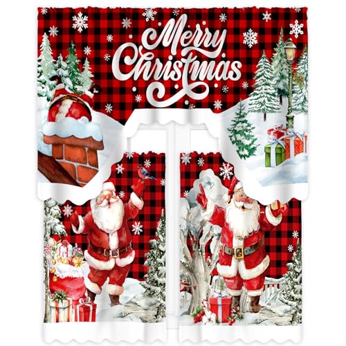 FuWeave 3 Pcs Christmas Kitchen Window Curtains and Valance Set Xmas Christmas Curtains Swag for Kitchen Bedroom Living Room Decor, 60 x 36 Valance, 36 x 30 Tier(Black and Red,Santa Claus)