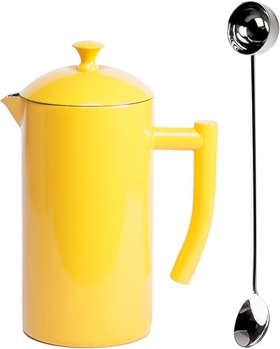 Frieling Cafetera de prensa francesa de acero inoxidable de doble pared, amarillo, 34 onzas, más cucharaagitador de café de acero inoxidable 1810, 2