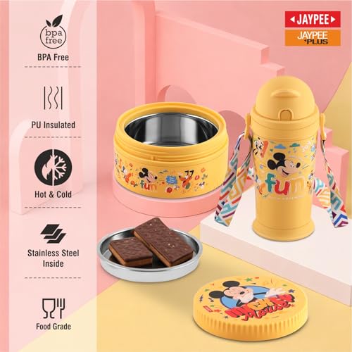 Image of JAYPEE First Step Inner Stainless Steel Insulated Lunch Box Meal and Sip Combo for School Kids Water Bottle Sipper & Disney Princess School Kids Tiffin Box 375 & 270 ml Water Bottle, Yellow