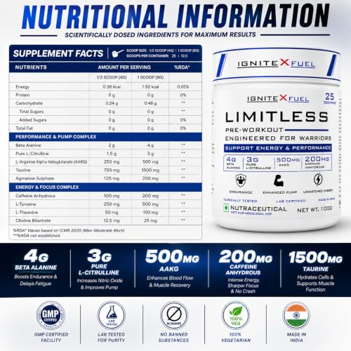 Image of Limitless Pre Workout Powder 25 Servings, Fruit Punch, 100g