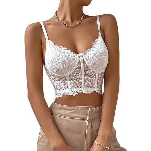 Haibang Women's Sexy Lace Corset Top with V Neck, Backless Spaghetti Strap Camisole, Slim Fit Mesh Bustier Tank for Party Clubwear