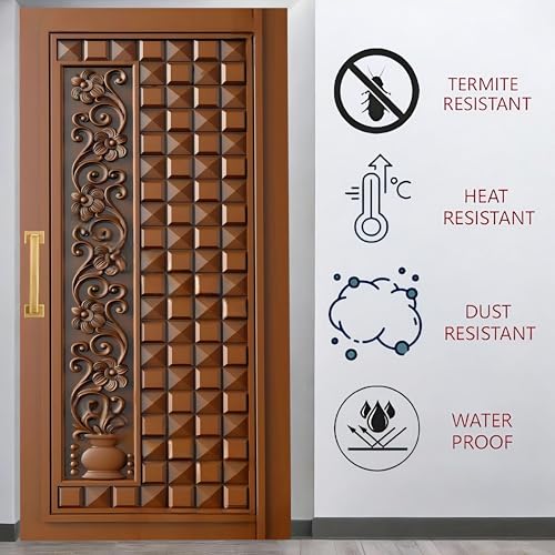 Image of MDF Wooden with HDMR Waterproof Wooden Made Fancy Gate for Your Home and Kitchen Front Door with Unique and Stylish Design Hand Carved Size 39x81 Inch Thickness 1.5 Inch Brown