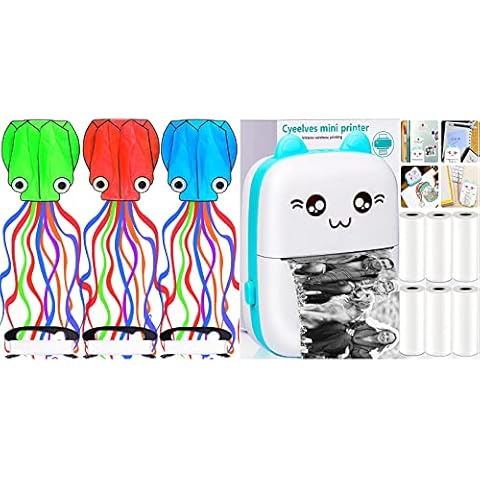 Octopus Kite 3 PACK 3 Colors Kites for Adults Easy To fly, 3D Beautiful Large Giant Kites with Kite String, Mini Printer Portable, Pocket Thermal Printer with 6 Rolls Paper Compatible with iOS Android Cover