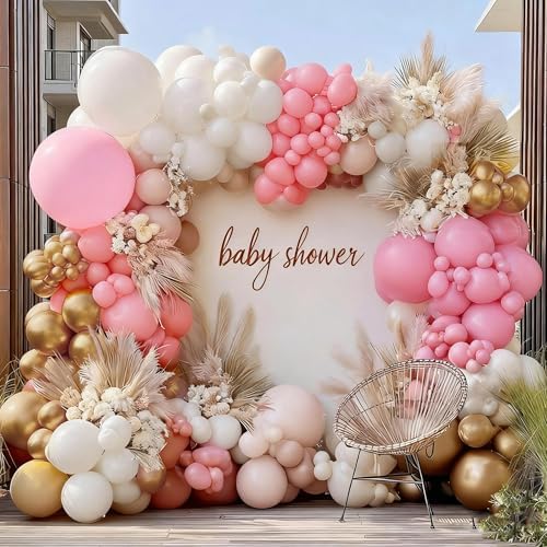 Pink White Gold Balloon Garland, Double Stuffed Light Pink Gold Balloons Blush Beige Pastel Balloon Arch Kit for Baby Shower Birthday Bridal Wedding Anniversary Party Decorations