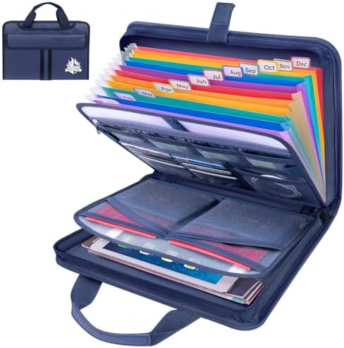 BALEINE Fireproof Document Organizer with Handle, 12 Pockets PVC Accordion File Organizer with Labels, Waterproof Fireproof Document Bag for A4/Letter Files in Travel, Office, Home (Blue)