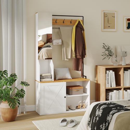 YU YUSING Garderobenständer mit Schuhbank, Garderobe Garderobenschrank mit Spiegel Haken...